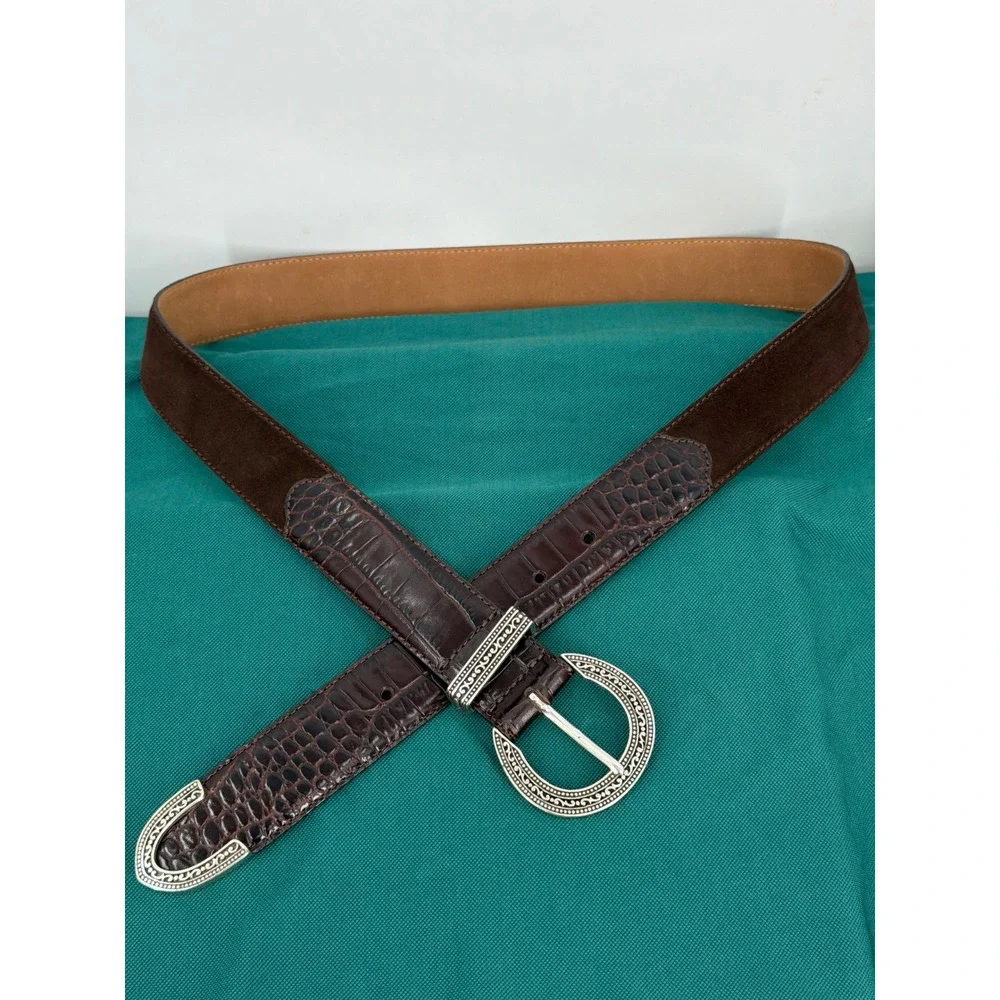 Vtg Brighton Brown Croc Embossed Leather Suede Western Belt Silver Buckle XL 36